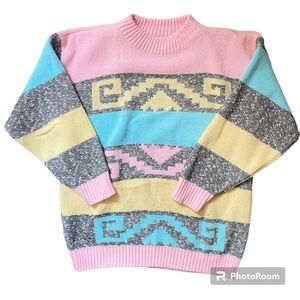 Vintage 80s 90s Sweater Pastel Pink Colorblock Kawaii Geometric Print L